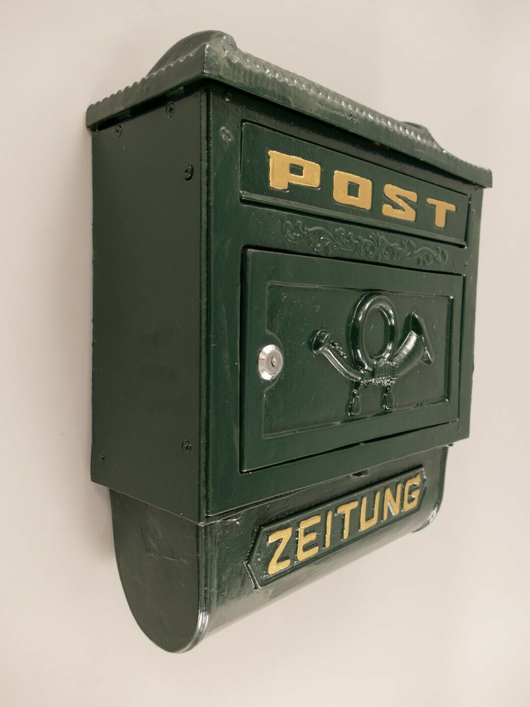 Briefkasten Wandbriefkasten rustikal grün Antik Stil Alu Guß mit Zeitungsfach 
